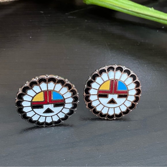 Indian Lore Genuine Copper Porcelain Enamel Inlaid Sun Face Clip On Earrings - Picture 5 of 13